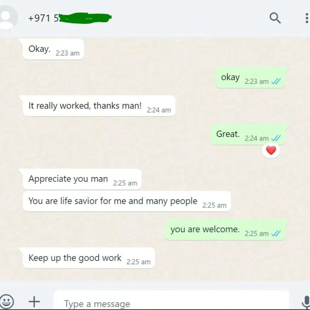 screen shot of chat with client 5